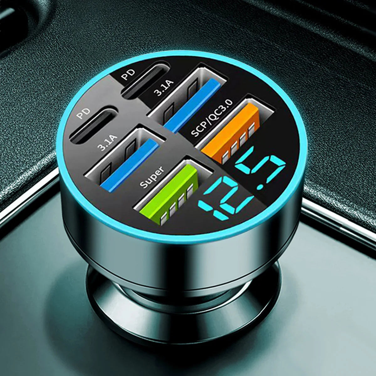 UltraFast 6-Port USB-C Car Charger with Smart Voltage Display