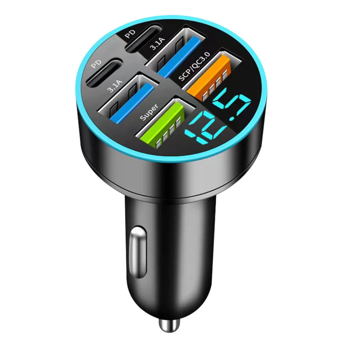 UltraFast 6-Port USB-C Car Charger with Smart Voltage Display