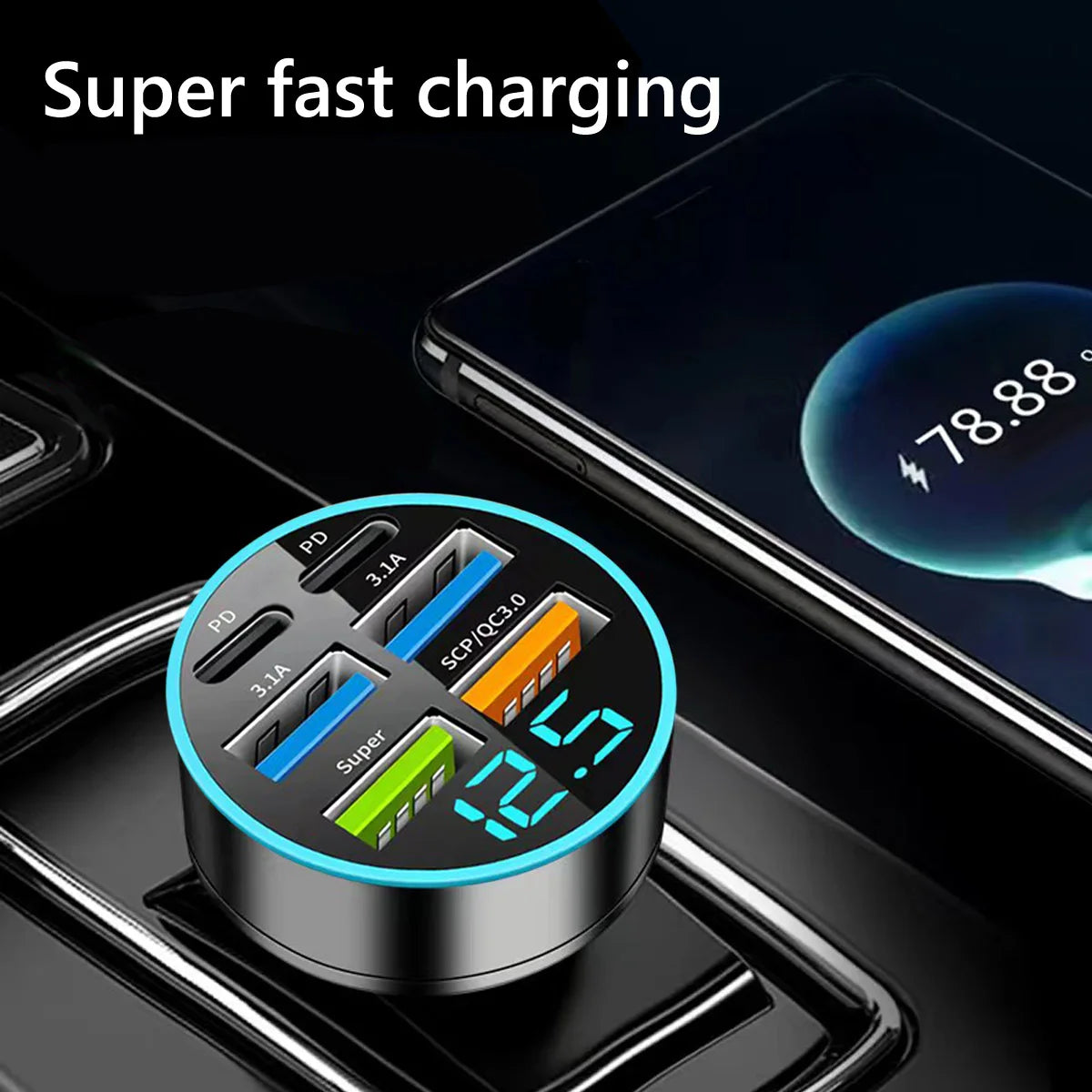 UltraFast 6-Port USB-C Car Charger with Smart Voltage Display