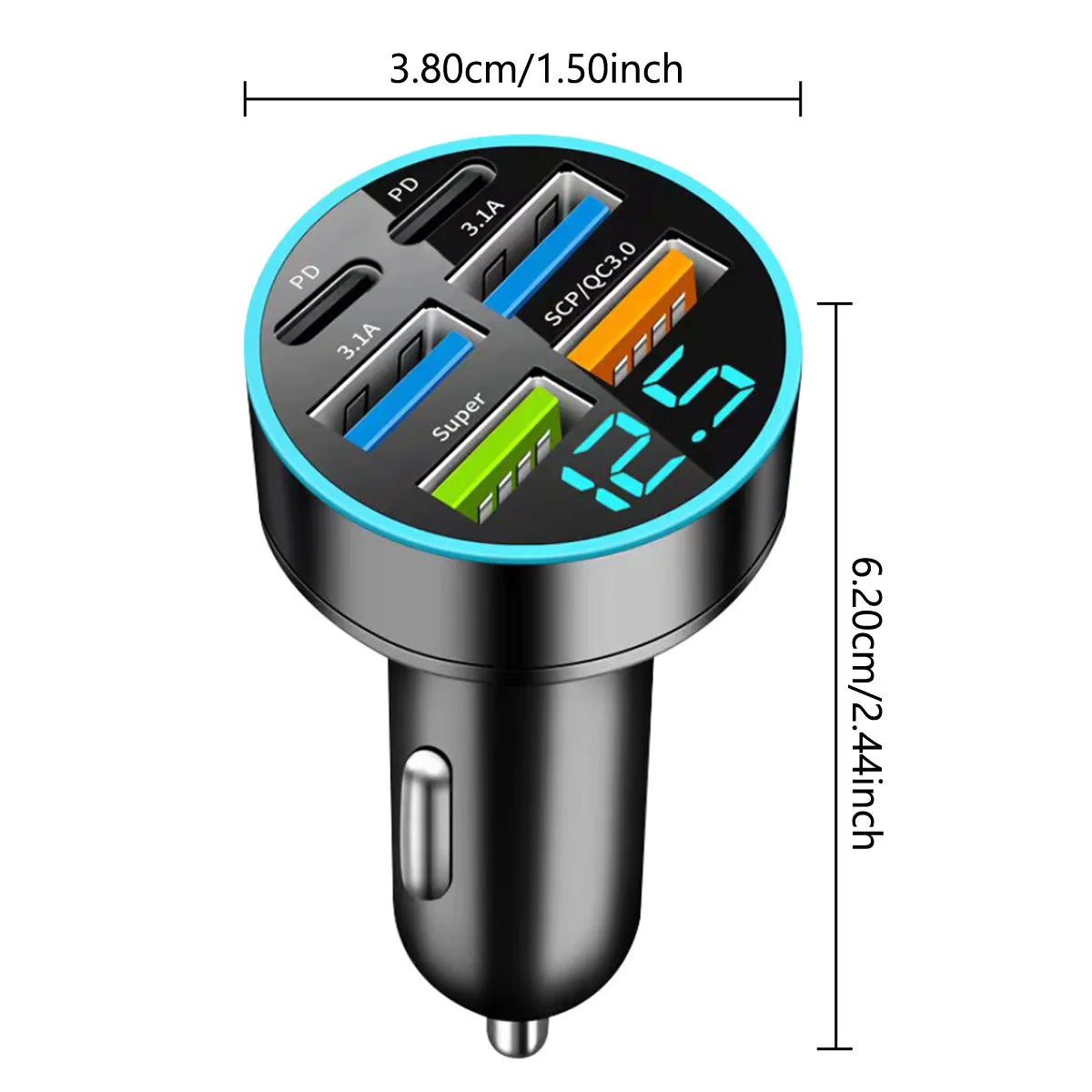 UltraFast 6-Port USB-C Car Charger with Smart Voltage Display
