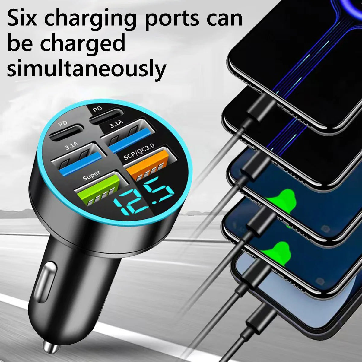 UltraFast 6-Port USB-C Car Charger with Smart Voltage Display