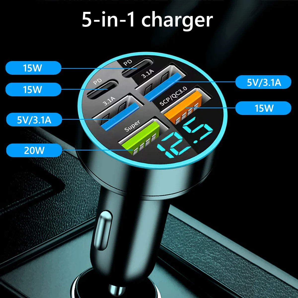 UltraFast 6-Port USB-C Car Charger with Smart Voltage Display